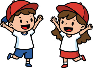 Happy kids jumping with red caps boy and girl smiling playing outdoor fun activity vector illustration