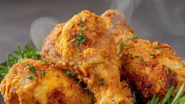 A mouth-watering close-up showcases freshly prepared, golden-brown fried chicken, steaming gently to highlight its delicious warmth and crispy texture. Each succulent piece is beautifully garnished wi