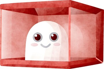 Cute little ghost inside a transparent red gift box with a smile  
