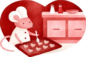 Cartoon mouse baking heart-shaped cookies in kitchen with red decor  