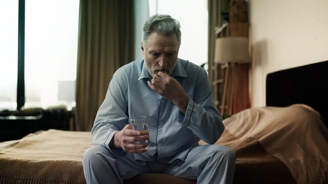 Sad middle-aged man sitting on bed and taking pill with water, health problems