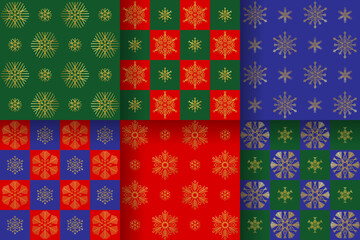 A set of seamless patterns with golden snowflakes. Perfect for Christmas, New Year, and other winter-themed designs. Vector

