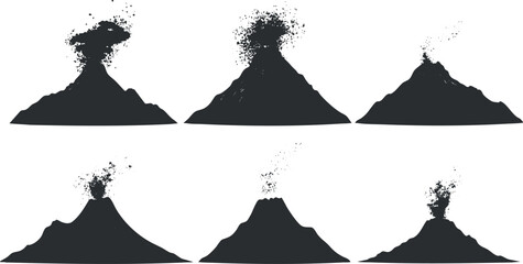 Silhouette vector illustration set of volcanic eruptions showcasing various mountain shapes and ash clouds for environmental designs.
