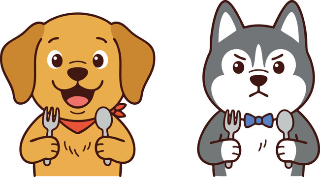 Happy brown dog and serious gray husky holding fork and spoon cute cartoon pets vector illustration