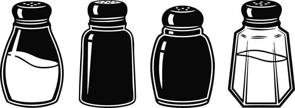 Collection of salt shakers in various styles and designs for culinary illustrations and graphic resources 