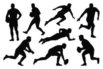 rugby player silhouette motion poses passing running diving eight vectors