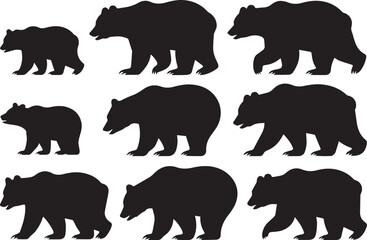 bear silhouettes 3x3 grid different walking poses side view vector
