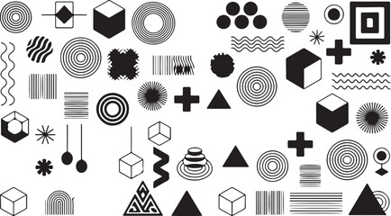 geometric pattern grid of black and white abstract shapes and motifs