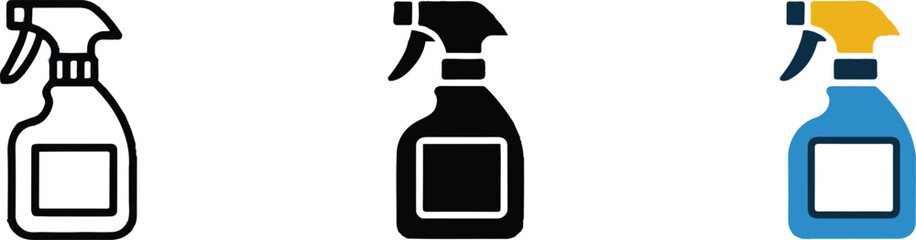 spray bottle three style set outline silhouette and colored vector