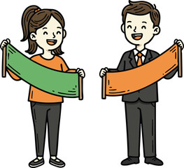 Fototapeta premium Two happy people holding banners with green and orange colors smiling vector illustration