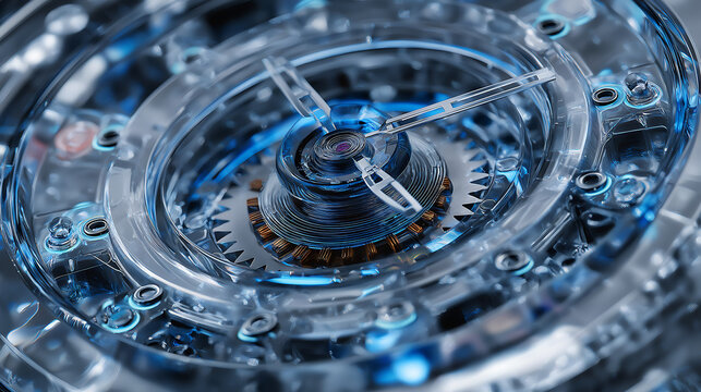 watch mechanism with transparent gears, coils and metallic components