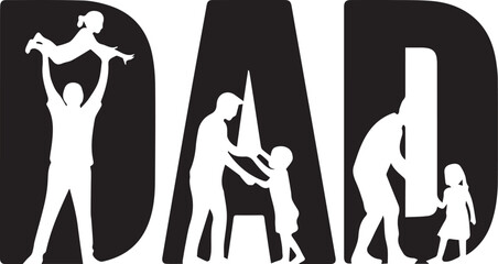 father silhouette in letters dad with child lifting and holding hands