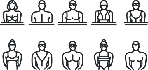 Minimalist line art vector illustration of diverse swimmers in various poses, perfect for summer sports and leisure design