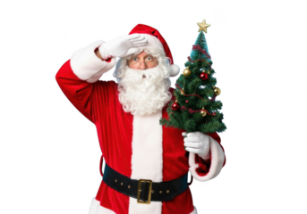 Santa claus looking far away while holding small decorated christmas tree isolated on transparent background