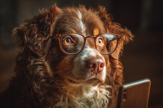 Joyous canine and smartphone under dark skies. Pup's joy. Massive data volumes drive new processing innovations. Big data technologies. Processing huge data.