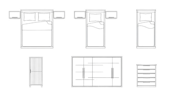 Top view bedroom furniture symbols set. 2D vector plan of king and twin beds, wardrobe, and dresser.