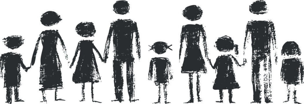 Stylized black and white vector illustration of a diverse family holding hands, symbolizing love and unity in a modern design.