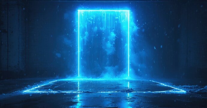 Bright blue neon rectangle illuminates dark concrete room. Smoke fills space, creating futuristic portal effect. Dramatic lighting emphasizes geometry.