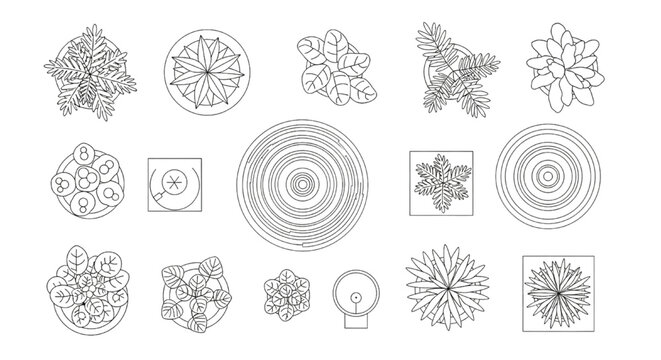 Top view indoor potted plants, round rugs, and lamps. Vector symbols set for architectural floor plans.