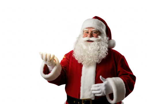Portrait of santa claus in red suit and hat holding glowing light in his hand isolated on transparent background