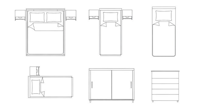 Top view bedroom furniture symbols set. 2D vector plan of king and twin beds, wardrobe, and dresser.