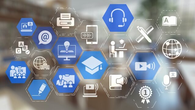 Online education icons show e-learning, online education classes, and digital study. Online education enables global online education access, flexible learning. Gist