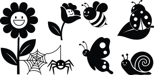 Obraz premium Cheerful flower and insects vector illustration featuring smiling flower, bees, ladybug, butterfly, spider, snail, and leaf design for nature lovers 