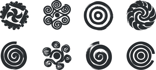 Stylized black and white vector illustration collection of swirling and spiral designs for use in graphic projects