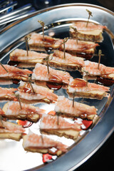Shrimp canapé served on tofu cubes with skewers
Elegant shrimp and tofu bite size appetizer
Gourmet tofu base canapé topped with shrimp
