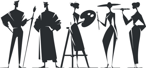 Stylized black and white vector illustration of artistic figures showcasing various art forms and tools for creative projects
