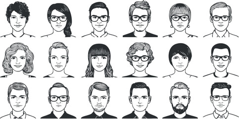 Diverse vector illustration of male and female characters with glasses, showcasing various hairstyles and expressions for branding and design projects