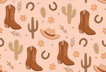 Cowgirl seamless pattern with country boots, cowboy hat, cactus, and horseshoe on pink background