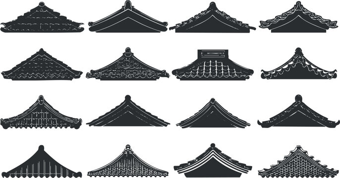 Collection of traditional Asian roof designs in minimalist black and white vector style for architectural projects and cultural themes