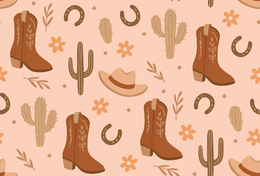 Cowgirl seamless pattern with country boots, cowboy hat, cactus, and horseshoe on pink background