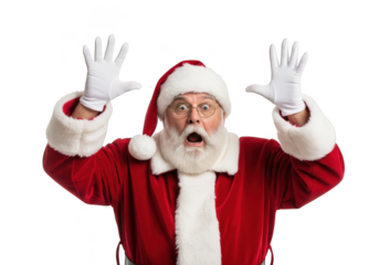 Shocked santa claus man with white beard wearing red suit and hat with hands up isolated on transparent background