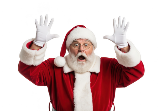 Shocked santa claus man with white beard wearing red suit and hat with hands up isolated on transparent background