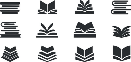 Collection of minimalist black and white vector icons depicting various book designs and open book concepts for educational and literary projects