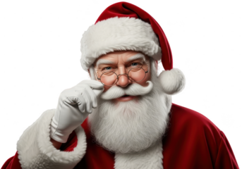 Portrait of santa claus with a long white beard adjusting his glasses while wearing a traditional red and white hat, isolated on transparent background