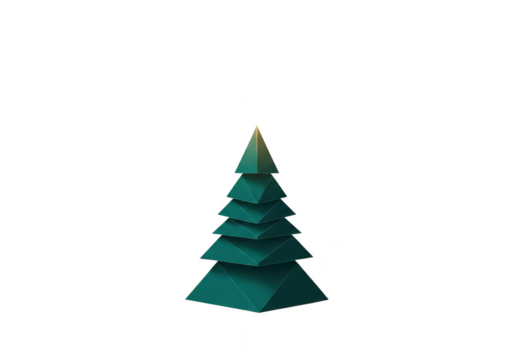Minimalist geometric paper cut christmas tree decoration in deep teal color, isolated on transparent background for holiday design