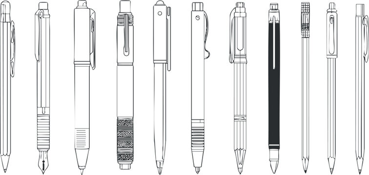 Outline vector illustration of various pens, showcasing a collection of writing instruments for design and branding projects