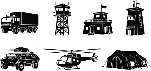 Military vehicles and structures including truck, helicopter, tank, watchtower, and tent in black silhouette design 