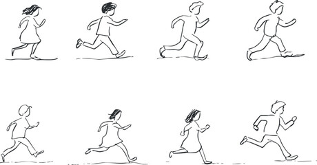 Dynamic sketch-style vector illustration of people running, showcasing various poses and movements for fitness and activity themes