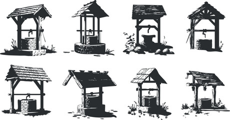 Fototapeta premium Collection of vintage black and white vector illustrations of various types of wells for design and decorative purposes