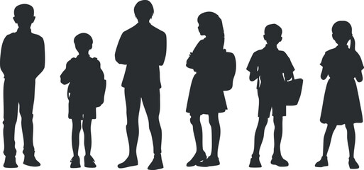 Silhouette vector illustration of diverse people standing in various poses, ideal for social and community design projects