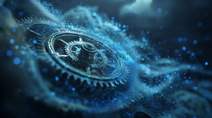 watch time metallic gears with swirling blue particle mist in water