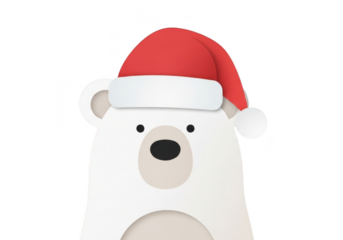 Cute cartoon polar bear wearing a red and white santa hat isolated on transparent background for christmas holiday design
