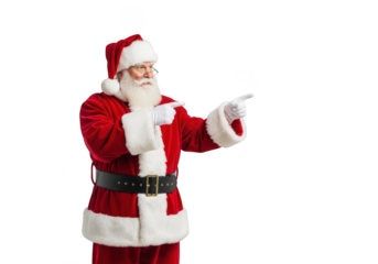 Santa claus pointing to the side with his finger while standing isolated on transparent background