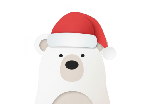 Cute cartoon polar bear wearing a red and white santa hat isolated on transparent background for christmas holiday design - Powered by Adobe