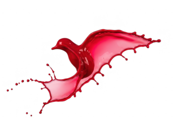 Vibrant red liquid splash forming the shape of a bird in flight, isolated on transparent background