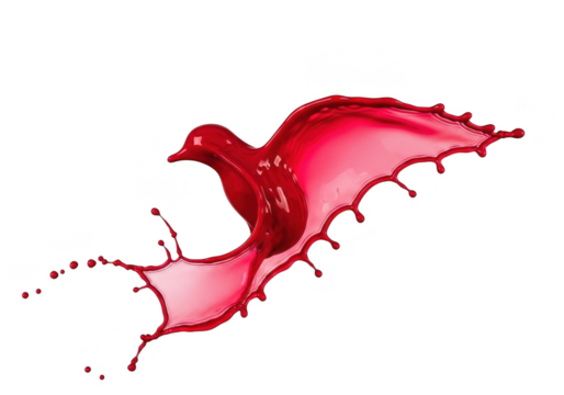 Vibrant red liquid splash forming the shape of a bird in flight, isolated on transparent background